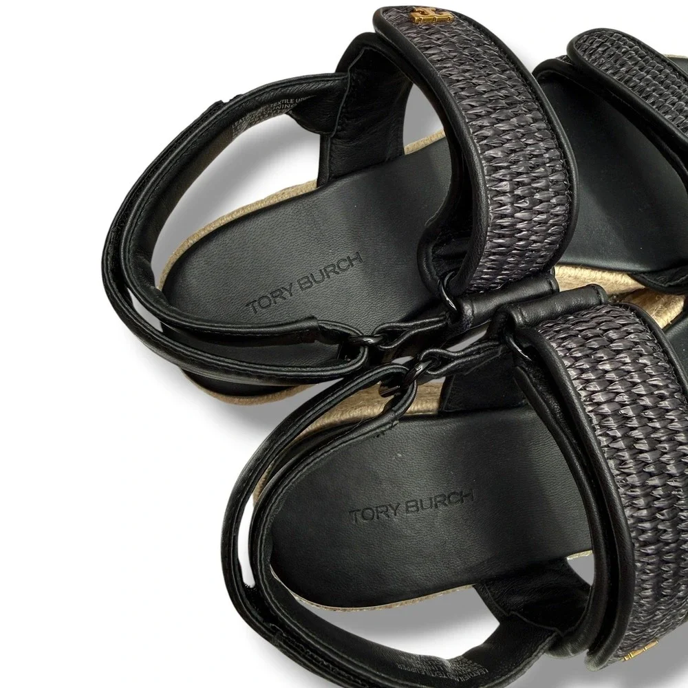 Tory Burch Sport Platform Espadrille Sandals 6.5 Black Raffia Woven Leather